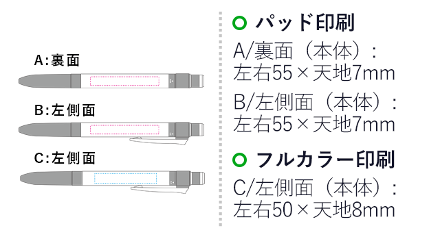 モノグラフマルチ　多機能ペン/トンボ鉛筆（tomSB-TMGE）パッド印刷　A/裏面（本体）：左右55×天地7mm　B/左側面（本体）：左右55×天地7mm　フルカラー印刷　C/左側面（本体）：左右50×天地8mm