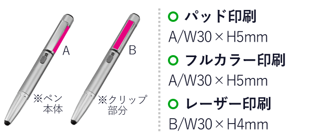 ペン型マルチファンクションツール ゴールド１本（ut2320800）名入れ画像 Ａ：パッド印刷30×5mm フルカラー印刷30×5mm Ｂ：レーザー印刷30×4mm