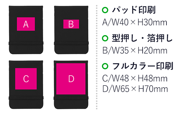 ハードカバーメモ帳（ミシン目付き）（ut2322040-60）名入れ画像 パッド印刷 A/W40×H30mm 型押し・箔押し B/W35×H20mm  フルカラー印刷 C/W48×H48mm D/W65×H70mm