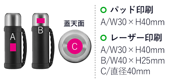 真空ステンレスボトル1.0L(ut2370041)名入れ画像 パッド印刷 A/W30×H40mm、レーザー印刷 A/W30×H40mm B/W40×H25mm C/直径40mm