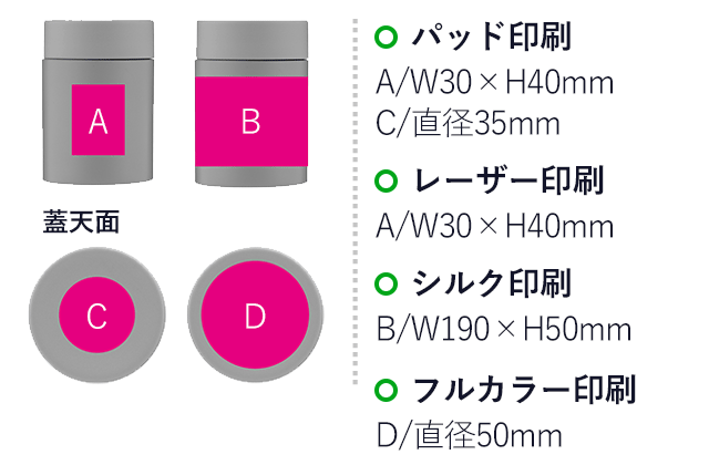 コンパクトスープポット（ut2370071-401）　名入れ画像　パッド印刷 A/W30×H40mm C/直径35mm、レーザー印刷 A/W30×H40m、シルク印刷 B/W190×H50mm、フルカラー印刷 D/直径50mm