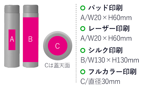 ストッパー付き真空ステンレススリムボトル200ml（ut2370951）名入れ画像 パッド印刷 A/W20×H60mm レーザー印刷 A/W20×H60mm シルク印刷 B/W130×H130mm フルカラー印刷 C/直径30mm※Cは蓋天面