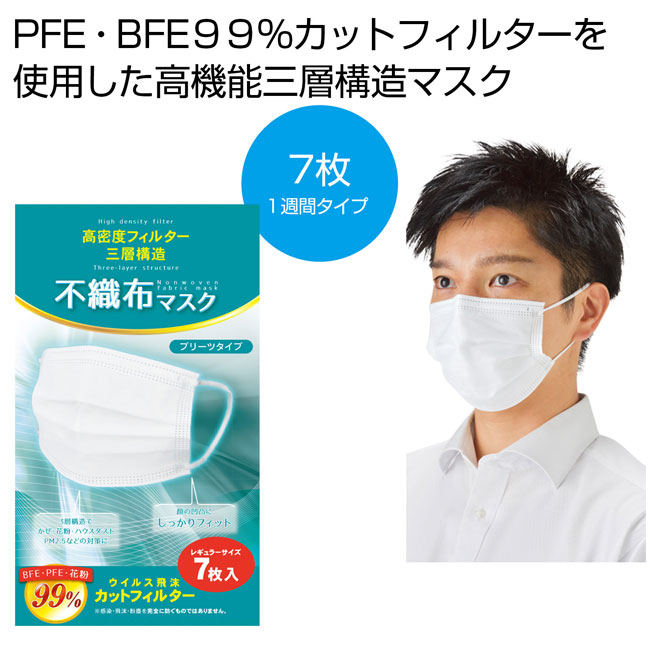 高密度フィルター　三層構造不織布マスク7枚入（SNS-0700008）