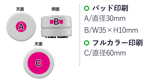 卓上コンパクトクリーナー（SNS-0700220）名入れ画像　パッド印刷：A/直径30mm　B/W35×H10m　フルカラー印刷：C/直径60mm