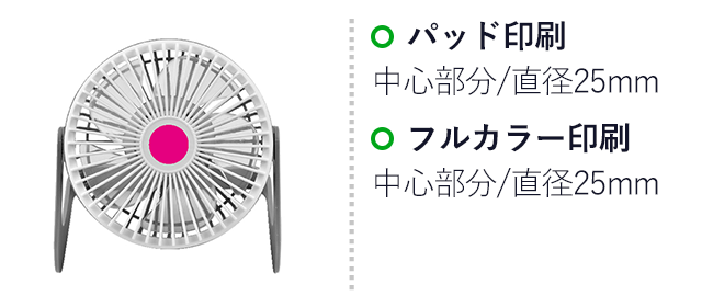 USBデスクファン1個（SNS-0700285）名入れ画像　　ファン中心部分 パッド印刷/直径25mm　フルカラー印刷/直径25mm