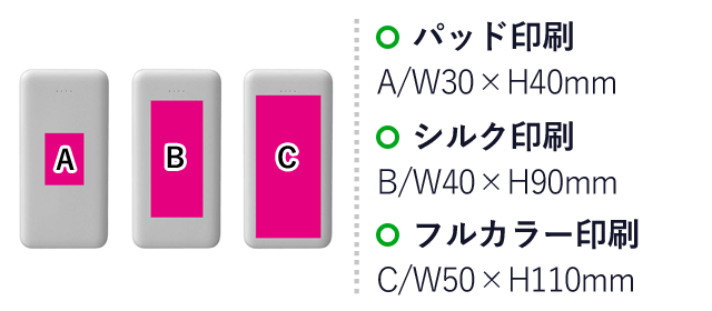 パワーバンク10000mAh（SNS-0700404）名入れ画像　パッド印刷：A/W30×H40ｍｍ　シルク印刷：B/W40×H90mm　フルカラー印刷：C/W50×H110mm