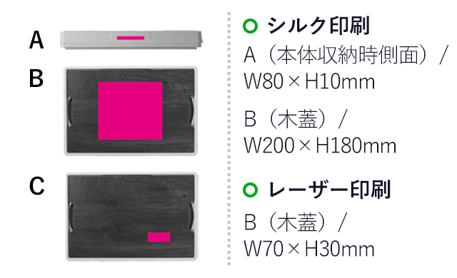 テーブルになるコンテナボックス（SNS-0700468）名入れ画像　シルク印刷：A（本体収納時側面）W80×H10ｍｍ　B（木蓋）W200×H180mm　レーザー印刷：B（木蓋）W70×H30mm
