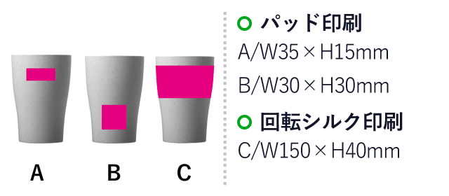 ザ・フリーカップ（麦わら配合）２個組　＃sustainable （SNS-0700475）名入れ画像　パッド印刷：A/W35×H15ｍｍ　B/W30×H30mm　回転シルク印刷：C/W150×H40mm