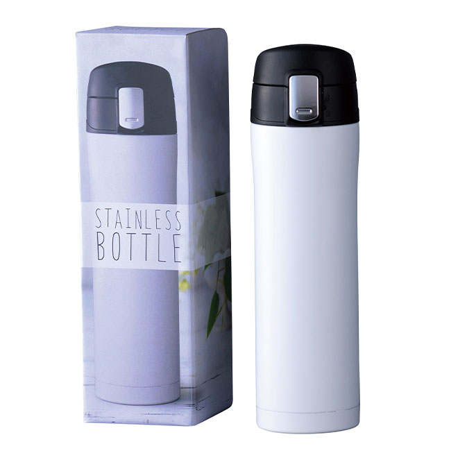 ワンプッシュ真空ステンレスボトル450ml（SNS-0700509）本体・パッケージ（ホワイト）
