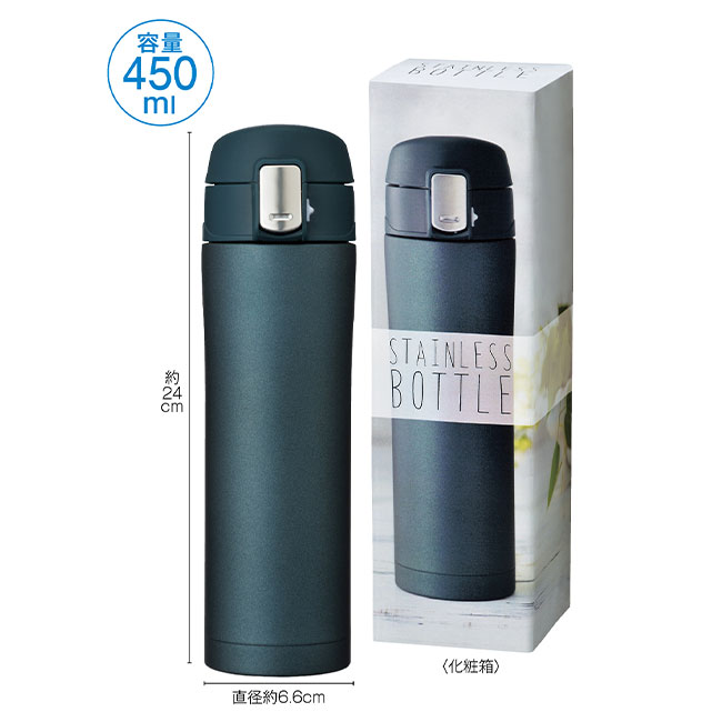 ワンプッシュ真空ステンレスボトル450ml（SNS-0700509）本体・パッケージ（ネイビー）