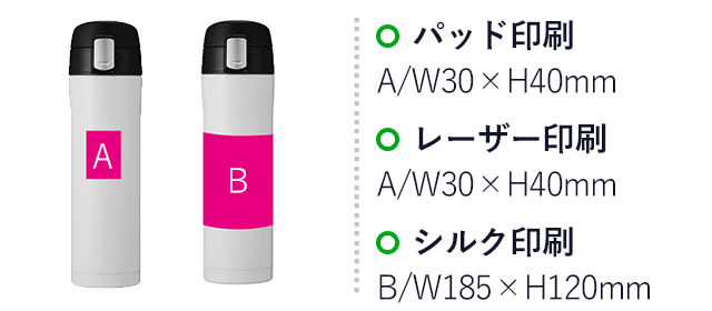 ワンプッシュ真空ステンレスボトル450ml（SNS-0700509）名入れ画像 A：パッド印刷Ｗ30×Ｈ40mm レーザー印刷W30×H40mm B：シルク印刷W185×H120mm
