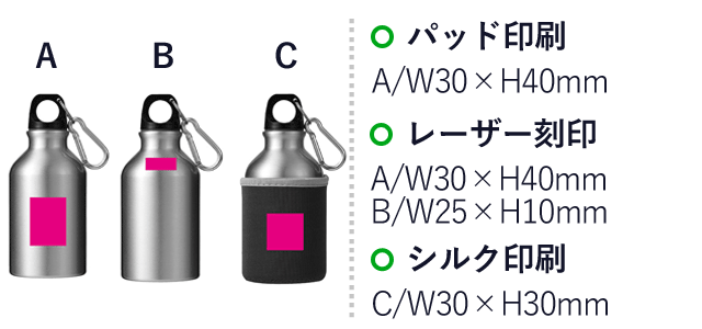 カバー付きアルミボトル３００ｍｌ１本（SNS-0700517）名入れ画像　パッド印刷：A/W30×H40ｍｍ　レーザー印刷：A/W30×H40ｍｍ　B/W25×H10mm　シルク印刷：C/W30×H30mm