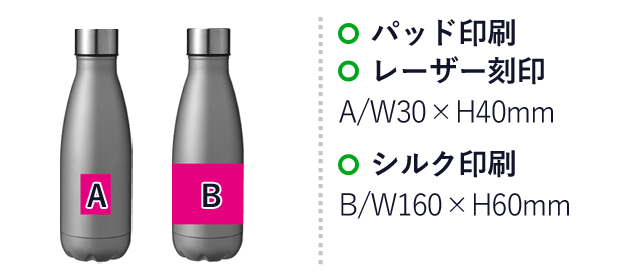 シュワっと爽快　炭酸ステンレスボトルセット（SNS-0700538）名入れ画像　パッド印刷、レーザー印刷：A/W30×H40ｍｍ　シルク印刷：B/W160×H60mm