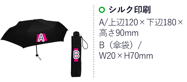 ３ｉｎ１折りたたみ傘１本（SNS-0700685）名入れ画像　シルク印刷　A/上辺120×下辺180×高さ90mm　B（傘袋）/W20×H70mm