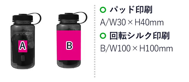 ポータブルエマージェンシーボトル（SNS-0700717）名入れ画像　パッド印刷　A/W30×H40ｍｍ　回転シルク印刷　B/W100×H100ｍｍ