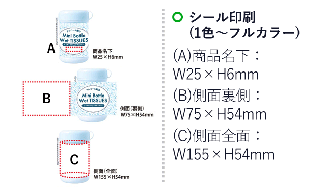 ミニボトルウェットティッシュ （SNS-0400029）名入れ画像　シール印刷（1色～フルカラー）：（A）商品名下/W25×H6mm　（B）側面裏側/W75×H54mm　（C）側面全面/W155×H54mm