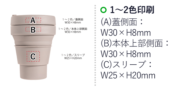 ポケットタンブラー350ml（SNS-0400033）名入れ画像　1～2色印刷：(A)蓋側面/W30×H8mm　(B)本体上部側面/W30×H8mm　(C)スリーブ/W25×H20mm