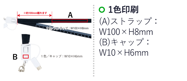 ネックストラップ型USBケーブル（SNS-0400037）名入れ画像　1色印刷：(A)ストラップ/W100×H8mm　(B)キャップ/W10×H6mm