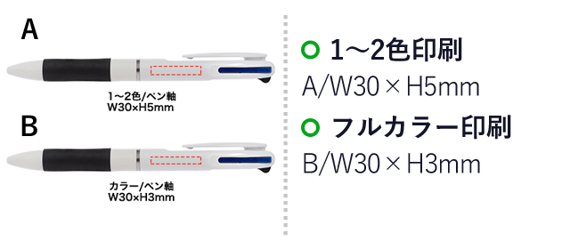 スマート3色ボールペン（SNS-0400068）名入れ画像　1～2色印刷：A/W30×H5mm フルカラー印刷：B/W30×H3mm