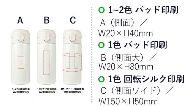 ワンタッチ真空ステンレスボトル300ml（SNS-0400152）名入れ画像　1色印刷　側面／W20×H80mm　側面ワイド／W150×H50mm　1～2色印刷　側面／W20×H40mm