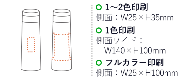 真空ステンレスボトル500ml(V010313)名入れ画像 プリント範囲 1～2色印刷：側面w25×h35mm 1色印刷：側面ワイドw140×h100mm フルカラー印刷w25×h100mm