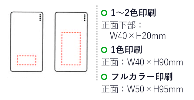 薄型スマートバッテリー5000（V010327）名入れ画像　1～2色印刷：正面下部/W40×H20mm　1色印刷：正面/W40×H90mm　フルカラー印刷：正面/W50×H95mm