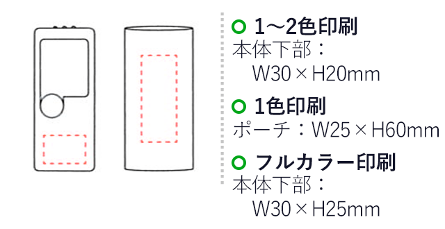 LEDライト付ルーペ（V010334）１～２色印刷　本体下部：Ｗ30×Ｈ20ｍｍ　１色印刷　ポーチ：Ｗ25×Ｈ60ｍｍ　フルカラー印刷　本体下部：Ｗ30×Ｈ25ｍｍ