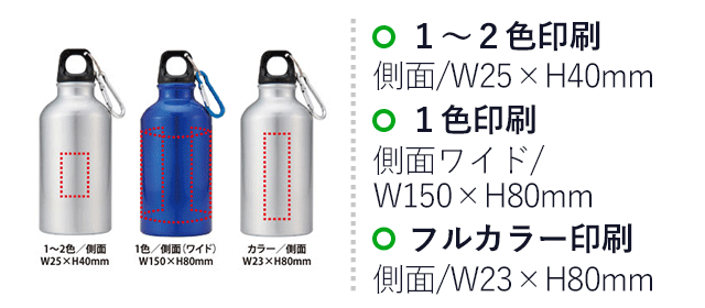 アルミスポーツボトル350(カラビナ付)（V010434）名入れ画像 1～２色/側面：W25×H40mm、側面（ワイド）：W150×H80mm、フルカラー印刷/側面：W23×H80mm　※印刷位置とキャップの向きは固定できません。