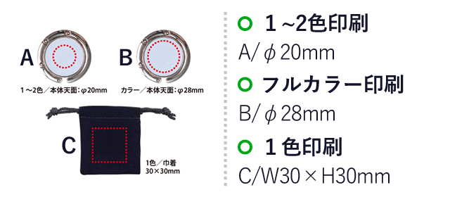 ポケットバッグハンガー（V010467）1～2色印刷　A：φ20mm、1色印刷　C：30×30mm、フルカラー印刷　B：φ28mm