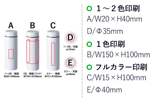 スリム真空ボトル220ml（スリム真空ボトル220ml）名入れ画像　1~2色/側面：W20×H40mm、1色/側面（ワイド）：W150×H100mm、カラー/側面：W15×H100mm、1~2色/天面：φ35mm、カラー/天面：φ40mm