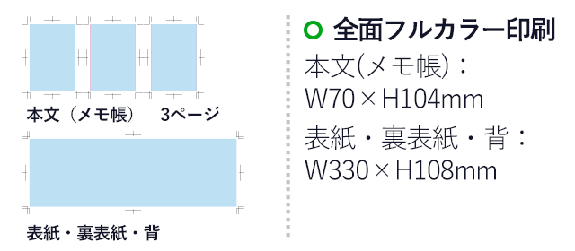 ぱたぱたメモふせんセット（SNS-2000002）名入れ画像　全面フルカラー印刷　本文：W70×H104mm、表紙・裏表紙・背：W330×H108mm