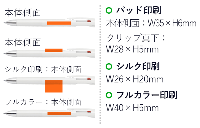 ブレン0.7mm3色エマルジョンボールペン/ゼブラ（B3A88）名入れ画像　パッド印刷W35×H6mm　シルク印刷　W25×H20mm　フルカラー印刷　W40×H5mm