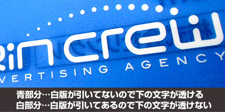 青部分…白版が引いてないので下の文字が透ける、白部分…白版が引いてあるので下の文字が透けない
