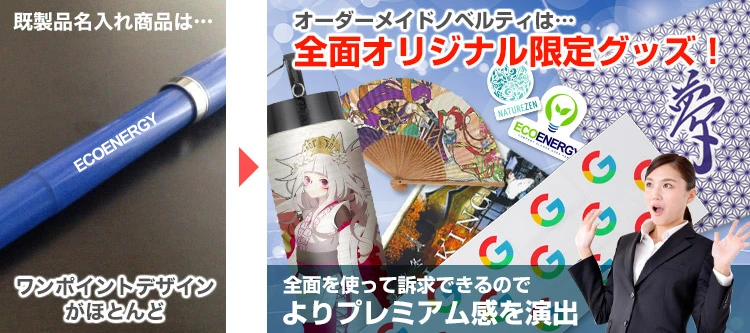 オーダーメイドノベルティは…全面オリジナル限定グッズ!