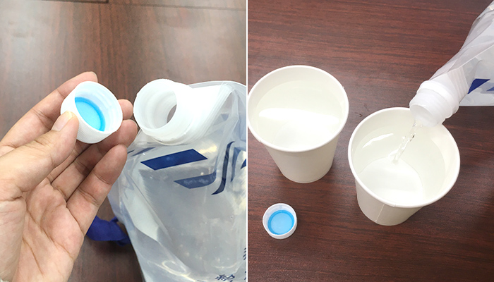リュック型非常用給水バッグ6L（SNS-0700214）紙コップに水を注ぐ