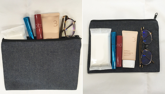 スフィア・リサイクルデニムフラットポーチ（S）（SNS-0600563）収納力の検証・コスメグッズ