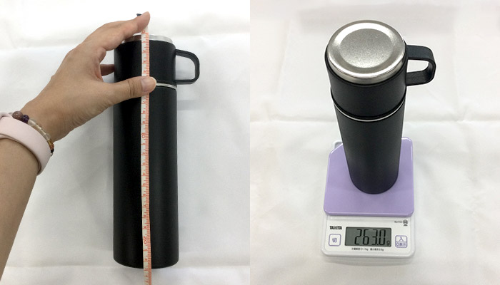 マグカップ付きプッシュ開閉式真空ステンレスボトル(SNS-0600912)本商品のサイズと重さ