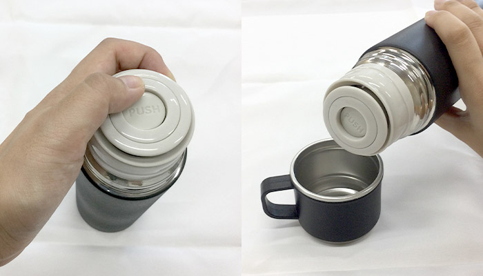 マグカップ付きプッシュ開閉式真空ステンレスボトル(SNS-0600912)ドリンクの注ぎ方