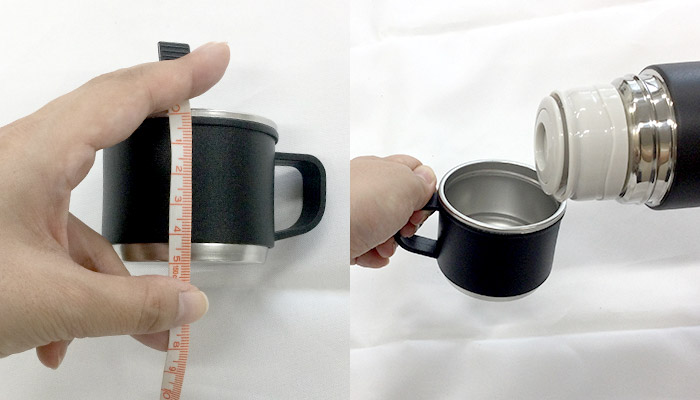 マグカップ付きプッシュ開閉式真空ステンレスボトル(SNS-0600912)カップのサイズ